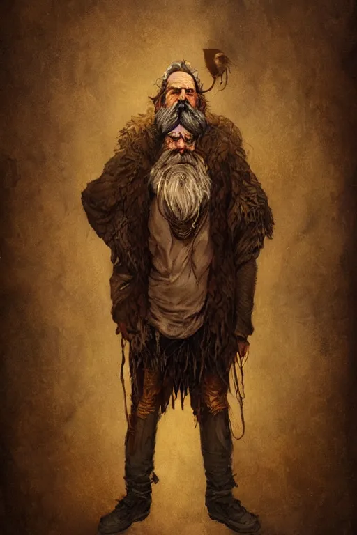 Image similar to full-body portrait of a majestic hobo, brown and gold, rags, beard, fisheye lens, by Anato Finnstark, Tom Bagshaw, Brom