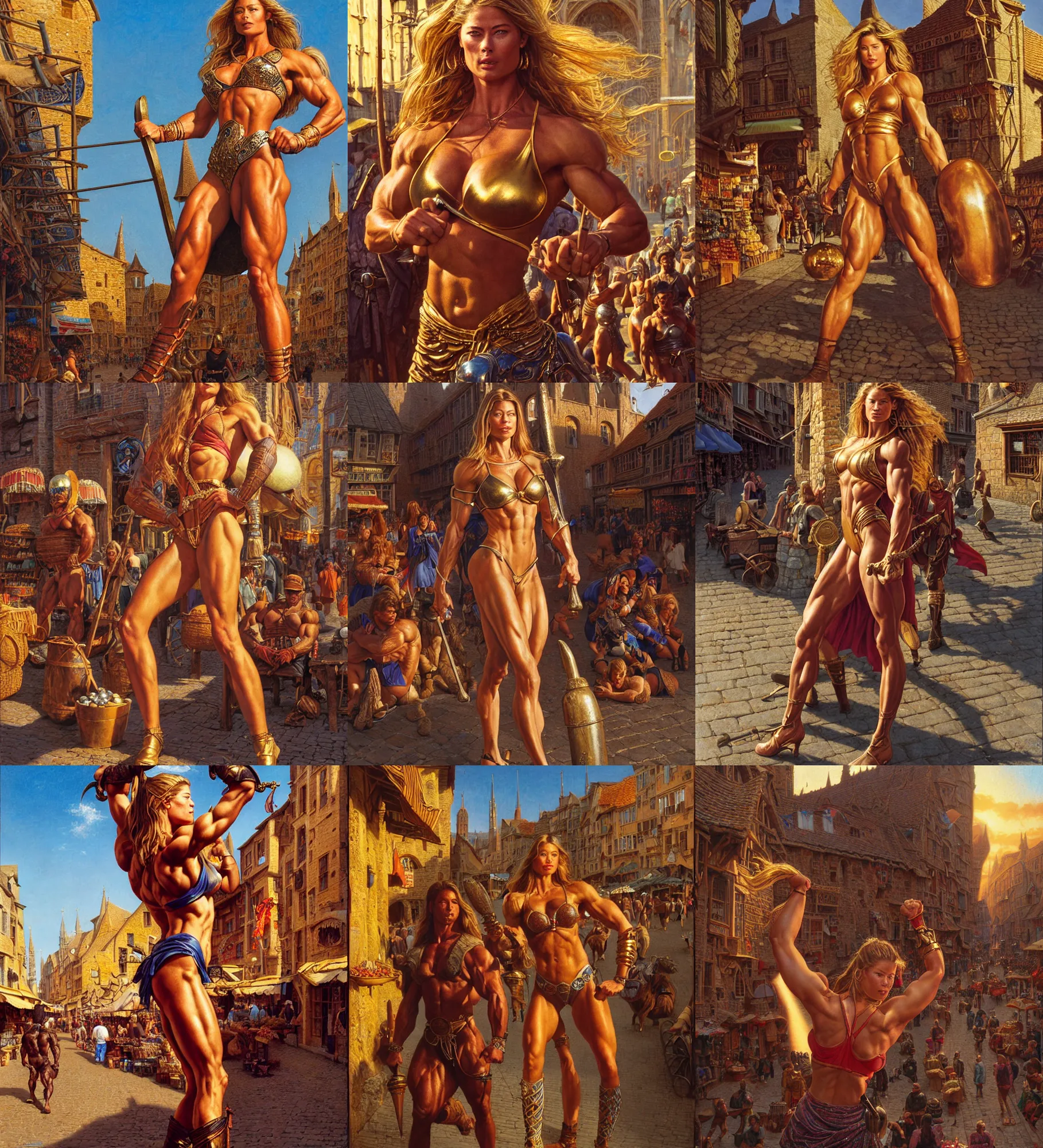 Prompt: close - up portrait of doutzen kroes as bodybuilder warrior heroine hanging around a cobbled medieval shopping street, colored market stand, golden hour, sun - rays beams, epic composition, 2 0 0 mm focal length, donato giancola, tim hildebrandt, wayne barlow, bruce pennington, larry elmore