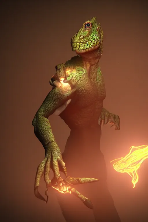 Prompt: a lizard person, dnd, 3 d render, unreal engine, volumetric lighting, artstation