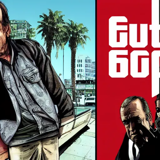 Prompt: Gilles Deleuze in GTA V, Cover art by Stephen Bliss, boxart, loading screen
