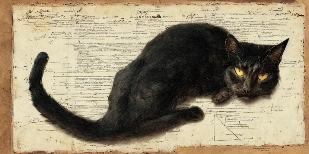 Prompt: old scientific document, cat, in rich color, aged paper, texture, highly detailed, greg rutkowski, lots of pictures, close up