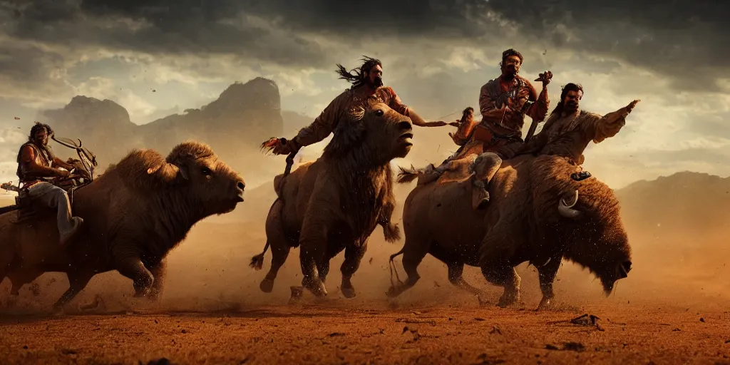 Prompt: indian on ancient atv attacking bisons, action scene, an epic western, dramatic lighting, cinematic, establishing shot, extremely high detail, photorealistic, cinematic lighting, artstation, octane render, old photo, buffalo hunt movie, alpha movie, western
