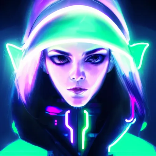 Image similar to portrait of an elf in a cyberpunk style, neon lights, digital art, artstation cgsociety masterpiece