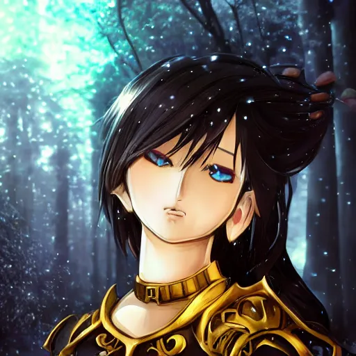 Image similar to focus face portrait of beautiful darkness knight 3D anime girl, golden armor wearing, dark forest background, snowing, bokeh, inspired by Masami Kurumada, digital painting, high contrast, unreal engine render, volumetric lighting, high détail