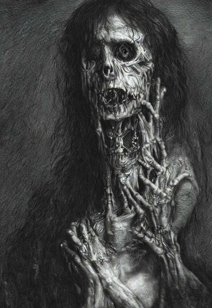 Image similar to closeup portrait of a zombie, creepy atmosphere, dark, portrait, very realistic, illustration by gustave dore