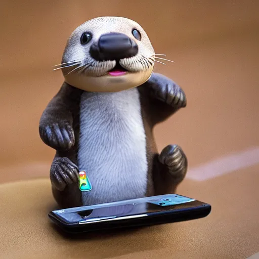 Image similar to a cute anthropomorphic otter using an android phone at home