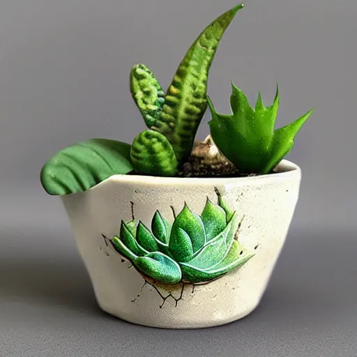 Prompt: Photorealistic art of a ceramic bulbasaur plant pot with a succulent growing in it, high defintion, intricately detailed