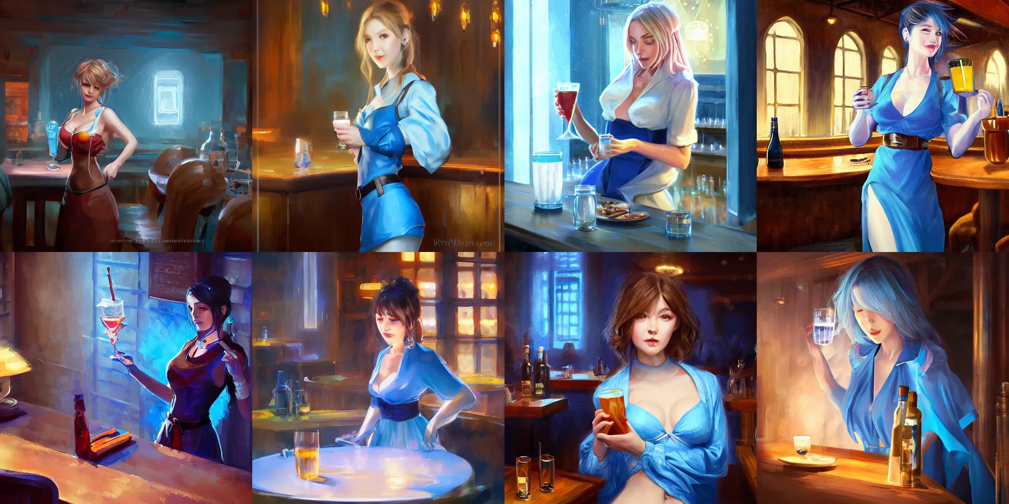 Prompt: A waitress emanating blue holy energy in a fantasy tavern serves drinks to customers, digital painting by WLOP.