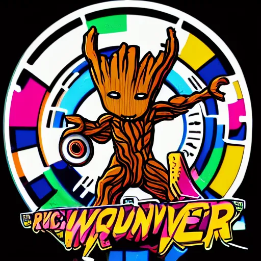 Image similar to svg sticker of a Pop-Wonder Groot-Marvel-Avenger at a rave, spinning records, giant headphones rocking out, wearing headphones, huge speakers, dancing, rave, DJ, spinning records, digital art, amazing composition, rule-of-thirds, award-winning, trending on artstation, featured on deviantart