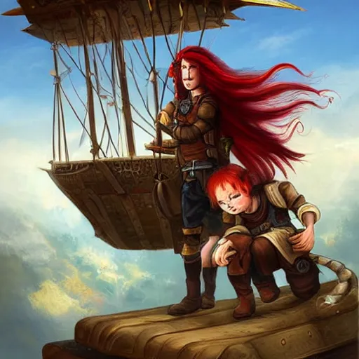 Image similar to A sky-pirate with long red hair meeting a young boy thief with blonde hair on an airship, epic fantasy art style