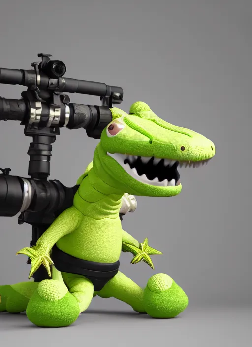 Prompt: a cute plush alligator, fluffy, cartoony, wearing nike sneakers, holding a bazooka, black backround, hyper detailed, octane render 🤣