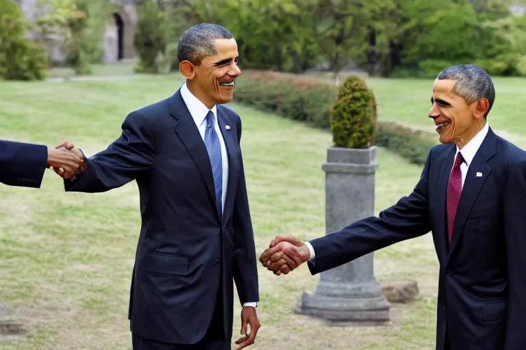 Image similar to mrbean shaking hands with obama, 4k