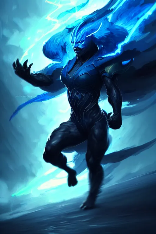 Image similar to full body illustration of a dark blue air elemental with yellow eyes and lightning; detailed, best on artstation, raymond swanland, bayard wu, cosmic, epic, cinematic shot, masterpiece