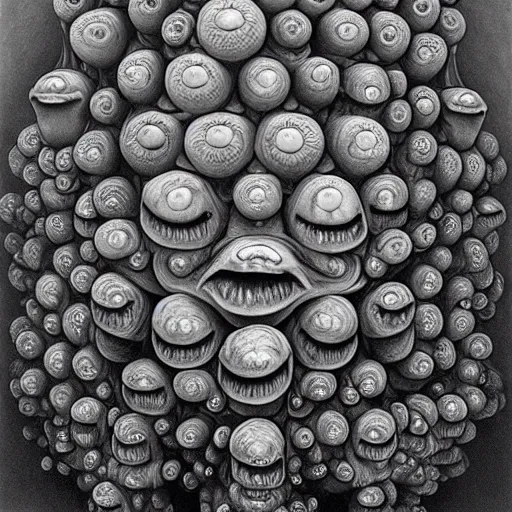 Image similar to a portrait of a pile of living sentient slimy eyeballs, from the terrifying and incomprehensible beyond, body horror, by gerard brom, zdzisław beksinski and ansel adams