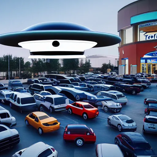 Prompt: a photo of a ufo parked amidst cars at a mall parking lot, misterious, volumetric lighting