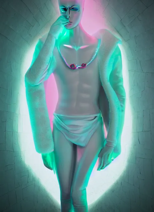 Prompt: photo of fullbodied baroque and bladerunner delicate neon diamond sculpture of seductive ceramic albino marble prince brian whittaker dotado mint iridescent humanoid deity wearing pink plastic fluffy hoody holding diamond skull in a white alien dungeon, reclining, glowing magenta face, crown of white diamonds, cinematic lighting, photorealistic, octane render 8 k depth of field 3 d