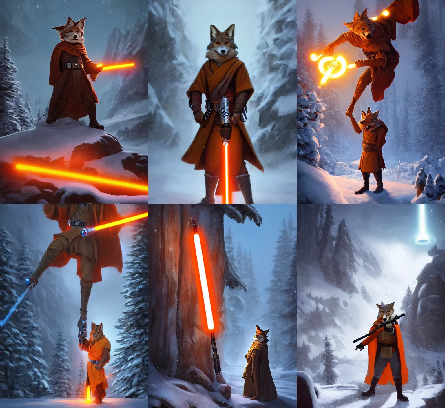 Prompt: portrait, anthropomorphic coyote wearing Jedi robes wielding an orange lightsaber. Snowy mountain town. dramatic lighting, cinematic, establishing shot, extremely high detail, photo realistic, post processed, artstation, matte painting, style by eddie mendoza, raphael lacoste, alex ross