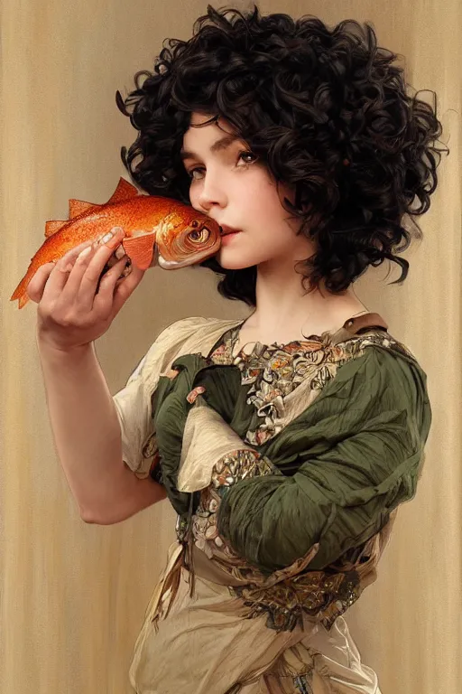 Image similar to beautiful cottagecore of a girl with short black curly hair, round face, cute face, holding a salmon-coloured vase. intricate, elegant. highly detailed, digital painting, artstation, concept art, smooth, sharp, focus, illustration. . art by artgerm and greg rutkowski and alphonse mucha