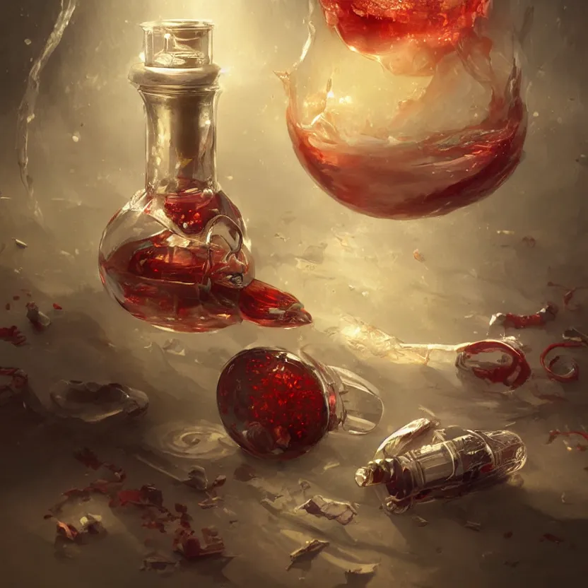 Prompt: a beautiful painting illustration of a health potion, scratched vial, crimson, by greg rutkowski, featured on artstation, rpg item