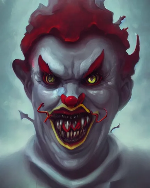 Image similar to portrait of a demonic clown by peter mohrbacher. photographic, photography. trending on artstation