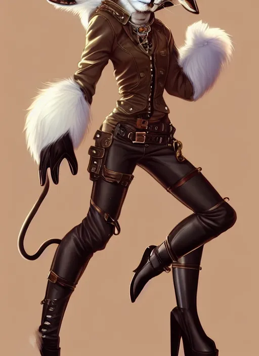 Image similar to wide angle beautiful full body portrait of a strong female anthropomorphic anthro lynx fursona wearing a steampunk leather. from behind, character design by disney, anime, manga, charlie bowater, ross tran, artgerm, and makoto shinkai, detailed, soft lighting, rendered in octane, white fur, white face, lynx facial features