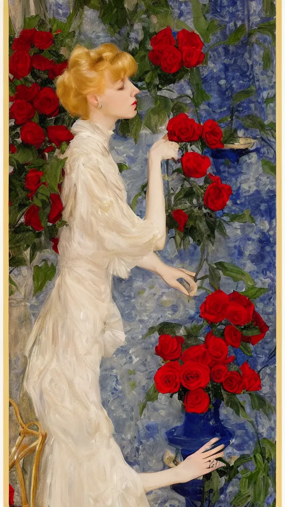 Image similar to portrait of young julee cruise in detailed golden sleeve balloon dress beside a pot of red roses, a persian blue detailed curtain in back painted by john singer sargent