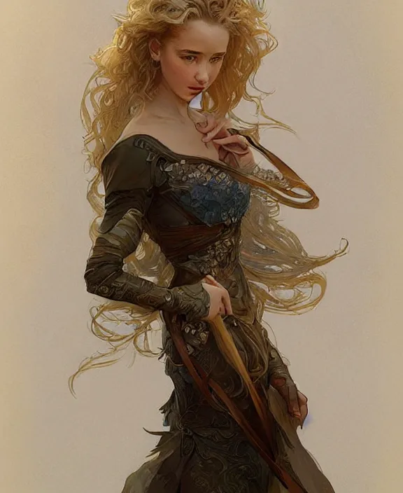 Image similar to portrait of julia garner, half body, d & d, fantasy, intricate, elegant, highly detailed, digital painting, artstation, concept art, art by artgerm and greg rutkowski and alphonse mucha, boris vallejo