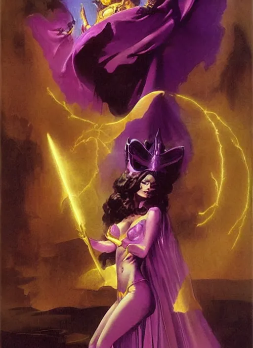 Image similar to portrait of plump female evil sorceress, golden tiara, purple robe and veil, lightning halo, strong line, muted color, beautiful! coherent! by frank frazetta, by boris vallejo