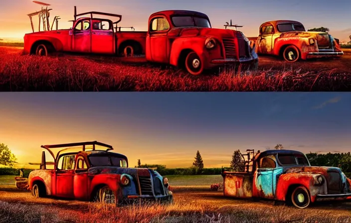 Image similar to A beautiful colorful evening scene of route66, old road with abandoned gas station and rusty old pickup truck, hyper realistic, blinding backlight evening sun, sparkling sun rays, epic scene, intense setting, evening vibe