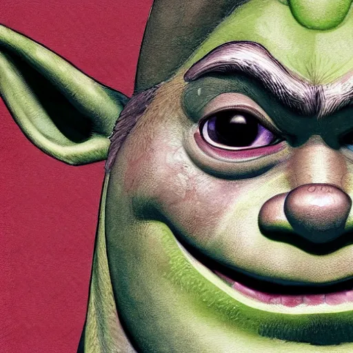 Image similar to beautiful water color concept art of face detailing shrek in the style of japanese wood printing , toon rendering, close-up, no shade, modern art, kyoto animation, manga, Julian Opie