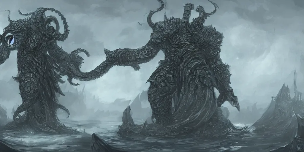 Image similar to a giant kraken as a dark souls final boss, concept art, digital painting, trending on arstation