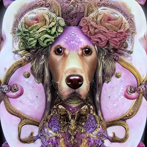 Prompt: Golden Retriever in a cosmic dress, full-body tattoos, ornate, rococo, Psychedelic, zbrush art, majestic, organics, Emil melmoth, eerie, macabre, haunting + insanely detailed and intricate, floral, faded pink, hypermaximalist, elegant, vintage, hyper realistic, super detailed, pastel color, 8K,