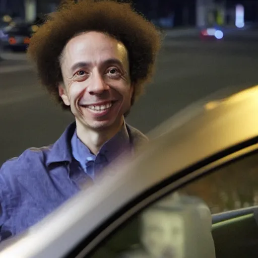 malcolm gladwell happily driving a car stuck in traffic Stable
