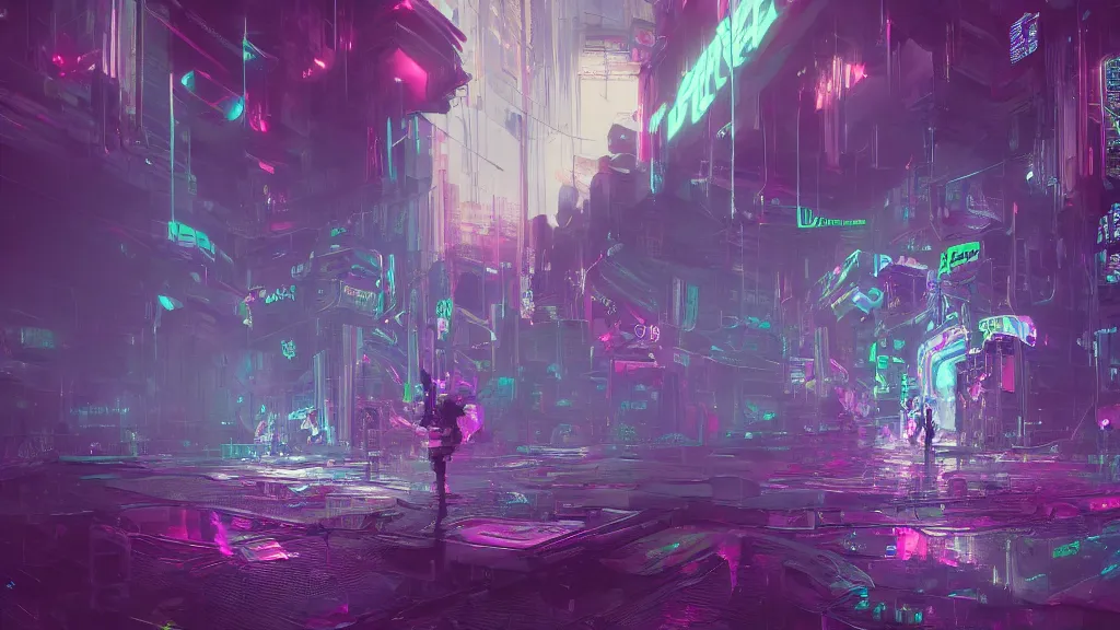 Prompt: glitchcore cyberpunk neon ghosts and spirits floating in a liminal space, surreal dream-like atmosphere, highly detailed, digital painting, artstation, concept art, matte, 8k ultraHD octane render