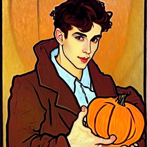 Image similar to painting of handsome young delicate beautiful jeffrey in his 2 0 s with brown hair and gorgeous rina together at the jack o'lantern halloween party holding pumpkins, elegant, clear, painting, stylized, art, art by alphonse mucha, vincent van gogh, egon schiele,