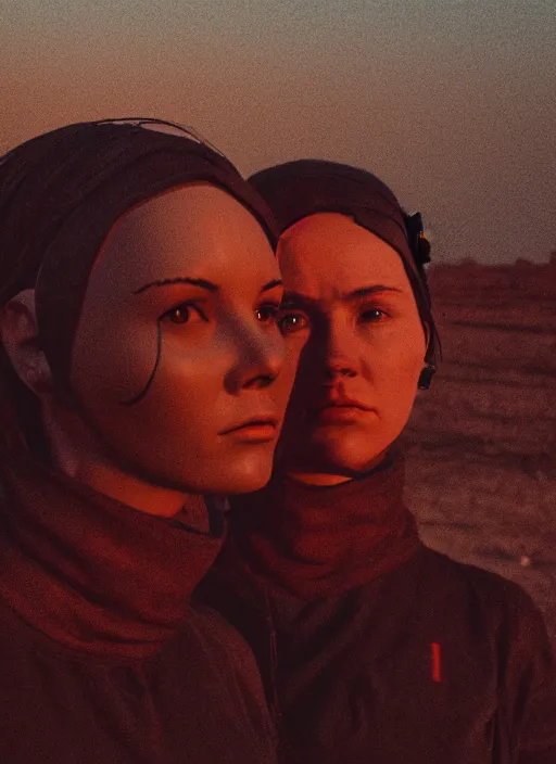 Prompt: cinestill 5 0 d photographic portrait of two loving female androids wearing rugged black techwear on a desolate plain with a red topographic pattern sky, extreme closeup, cyberpunk style, dust storm, 8 k, hd, high resolution, 3 5 mm, f / 3 2, ultra realistic faces, ex machina
