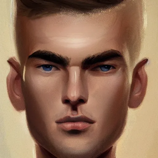 Image similar to man in his twenties with brown blond short quiff hair and thin slightly round facial structure with cleft chin, straight eyebrows and prominent nose, good definition of cheekbones, big hazel nut brown eyes, narrow face, slim body, atmospheric lighting, painted, intricate, 4k, highly detailed by Charlie Bowater