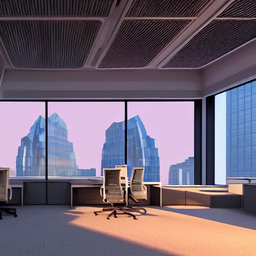 Image similar to sprawling office floor with cubicles,, in faded pink, morning fog, blue hour, archviz, cgi, trending on artstation, corona renderer, unreal engine, ray tracing, 3 ds max, cinematic, city in the background