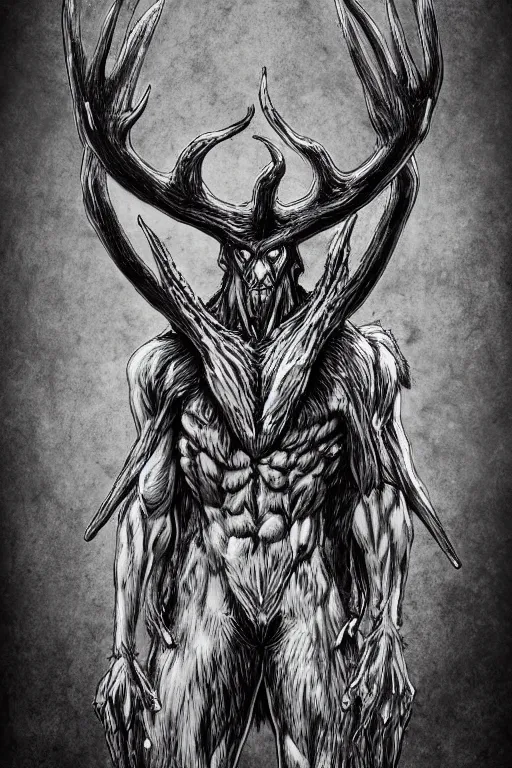 Prompt: humanoid figure monster with antlers, highly detailed, digital art, sharp focus, trending on art station, kentaro miura manga art style