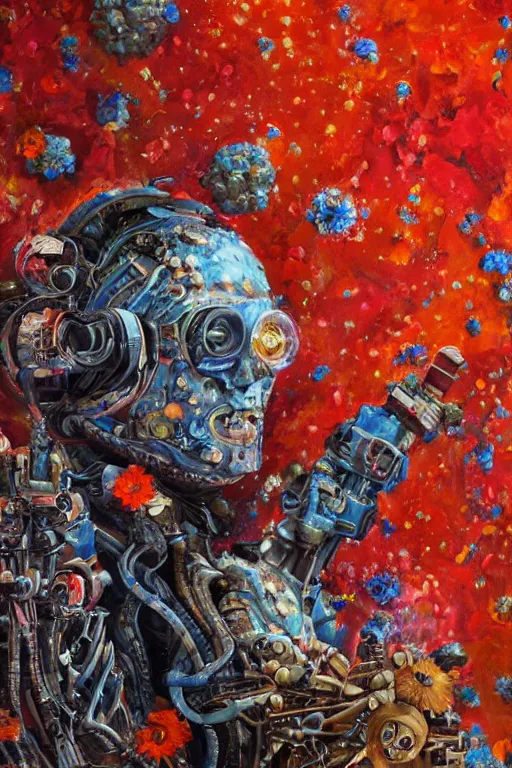 Prompt: oil painting, close-up, hight detailed, melting cyborg with flowers everywhere at red planet, in style of 80s sci-fi art, neodada