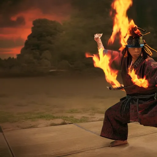 Image similar to cinematic film still of Lil’ Wayne starring as a Samurai holding fire, Japanese CGI, VFX, 2022, 40mm lens, shallow depth of field, film photography