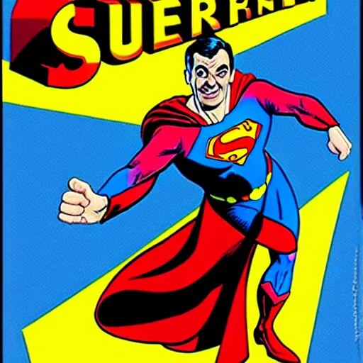 Prompt: mr bean as superman. dc comics coverart, comicbook, comic panel