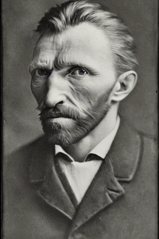 Image similar to a monochrome daguerrotype realistic, supersharp, photographic portrait of vincent van gogh, shallow depth of field