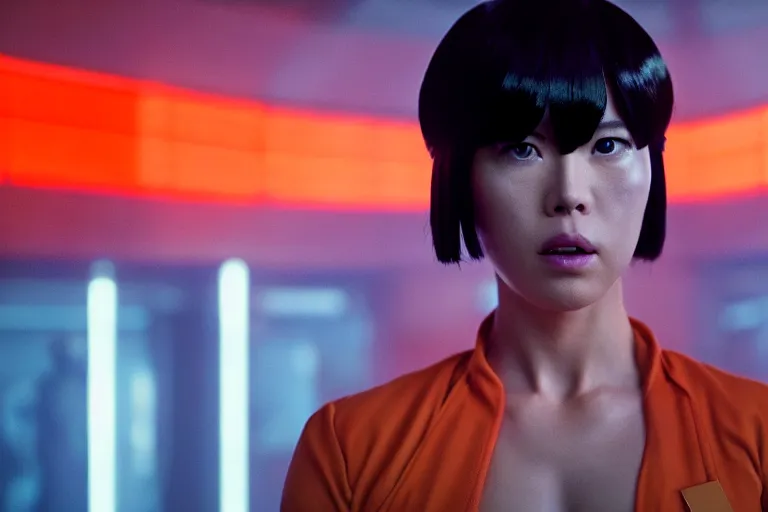 Image similar to major motoko wearing an orange prison jumpsuit, photography by fred palacio medium full shot still from bladerunner 2 0 4 9, sci fi, bladerunner, canon eos r 3, f / 3, iso 2 0 0, 1 / 1 6 0 s, 8 k, raw, unedited