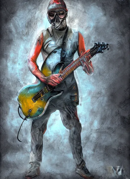 Image similar to stalker from the stalker pc game plays an electric guitar, 8 k, sharp focus, extremly detailed, digital painting, smooth, illustration