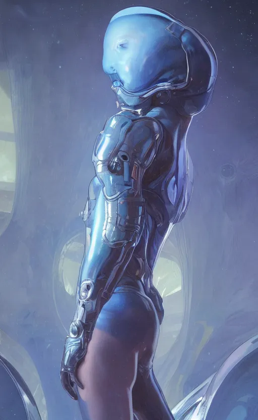 Prompt: portrait of a blue alien wearing a tight and smooth space suit, intimidating, intricate, headshot, highly detailed, digital painting, artstation, concept art, sharp focus, cinematic lighting, illustration, art by artgerm and greg rutkowski, alphonse mucha, Moebius, Jean Giraud, cgsociety