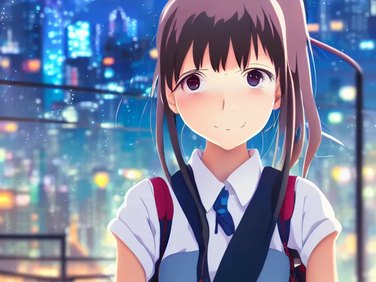 Image similar to anime fine details portrait of joyful school girl in front of cyberpunk moder city landscape on the background deep bokeh, close-up view, anime masterpiece by Studio Ghibli. 8k, sharp high quality anime, artstation