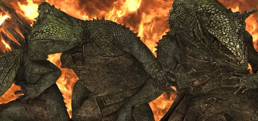 Image similar to lizards in dark souls armor battling a boss