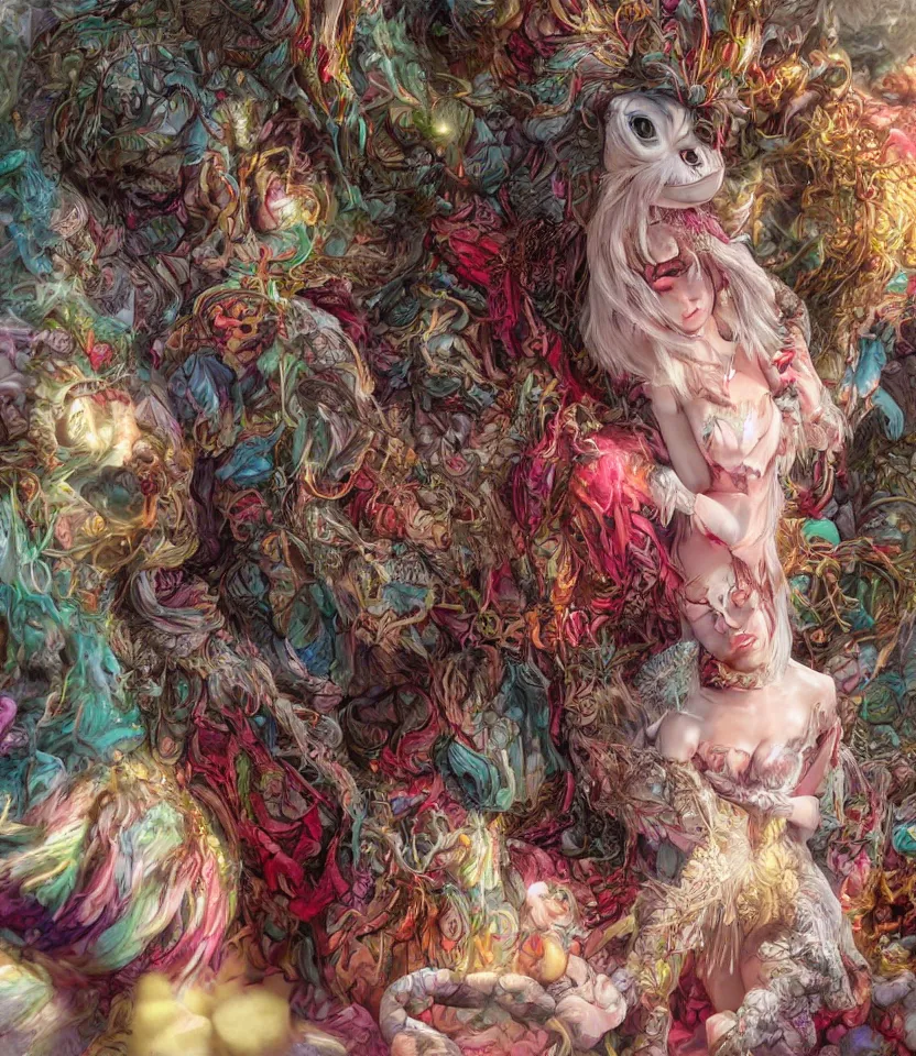 Image similar to hyper detailed 3d render like a Oil painting - kawaii portrait of hopeful lovers hugging tight or kissing pecking adorably Aurora (a beautiful girl skeksis muppet fae princess protective playful expressive acrobatic from dark crystal that looks like Anya Taylor-Joy) seen red carpet photoshoot in UVIVF posing in scaly dress to Eat of the Strangling network of yellowcake aerochrome and milky Fruit and His delicate Hands hold of gossamer polyp blossoms bring iridescent fungal flowers whose spores black the foolish stars by Jacek Yerka, Ilya Kuvshinov, Mariusz Lewandowski, Houdini algorithmic generative render, golen ratio, Abstract brush strokes, Masterpiece, Edward Hopper and James Gilleard, Zdzislaw Beksinski, Mark Ryden, Wolfgang Lettl, hints of Yayoi Kasuma and Dr. Seuss, Grant Wood, octane render, 8k