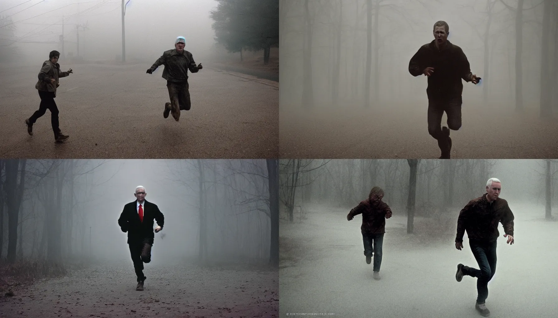 Prompt: mike pence running from zombies in silent hill, kodak portra, film grain